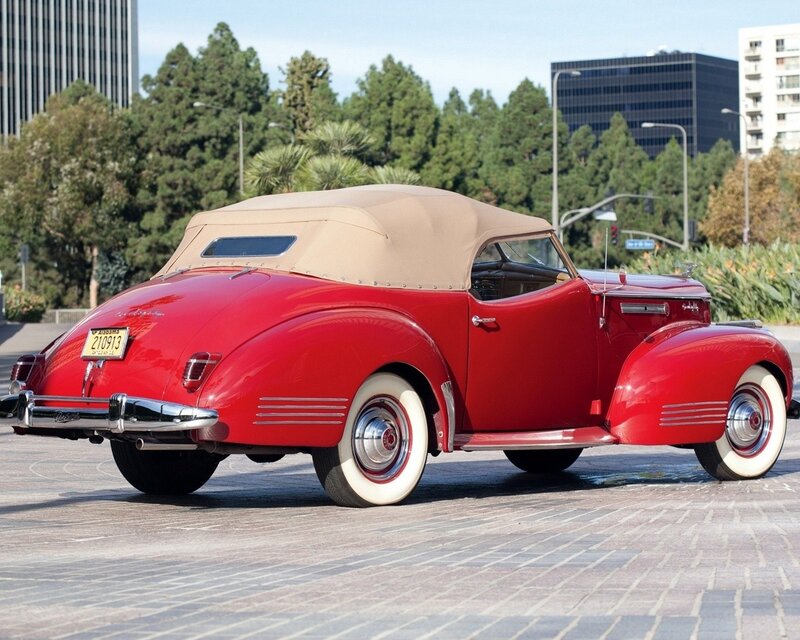 Red Vintage Convertible — Calm, Afternoon, Photograph, Buildings, Trees