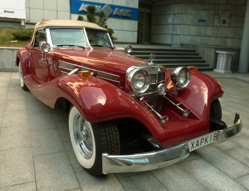 Red Vintage Convertible Car — Calm, Afternoon, Photograph, Building, Steps, Trees