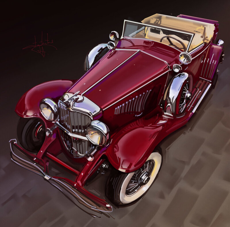 Red Vintage Convertible Car — Dramatic, Digital Art