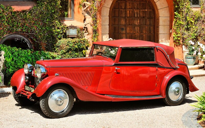 Red Vintage Convertible Car — Serene, Afternoon, Photograph, Statue