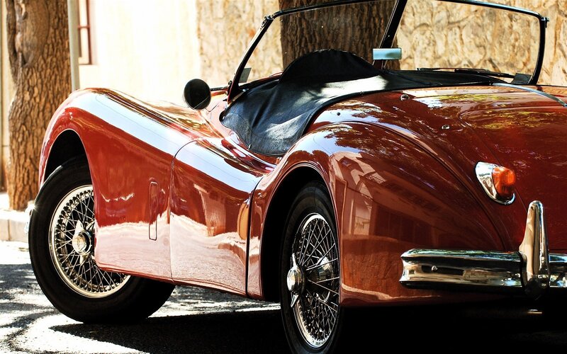 Red Vintage Convertible — Dramatic, Afternoon, Photograph, Tree