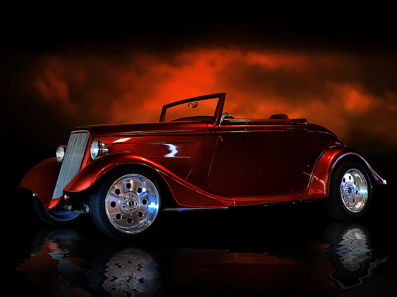 Red Vintage Convertible — Dramatic, Night