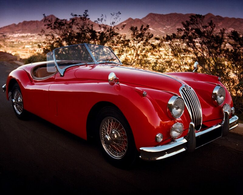 Red Vintage Convertible — Dramatic, Sunset