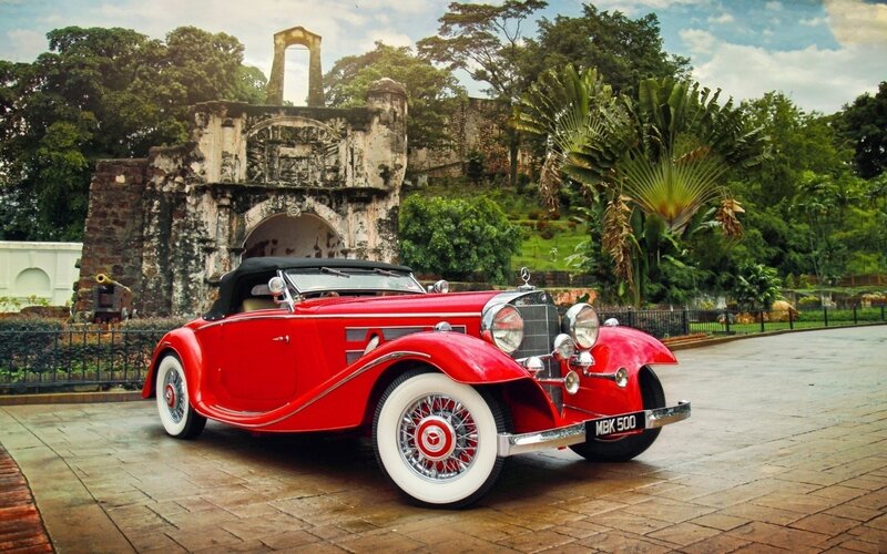 Red Vintage Convertible — Serene, Afternoon, Photograph, Ancient Ruins