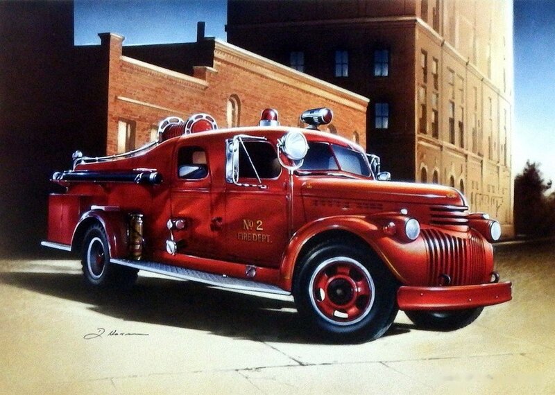 Red Vintage Fire Truck — Dramatic