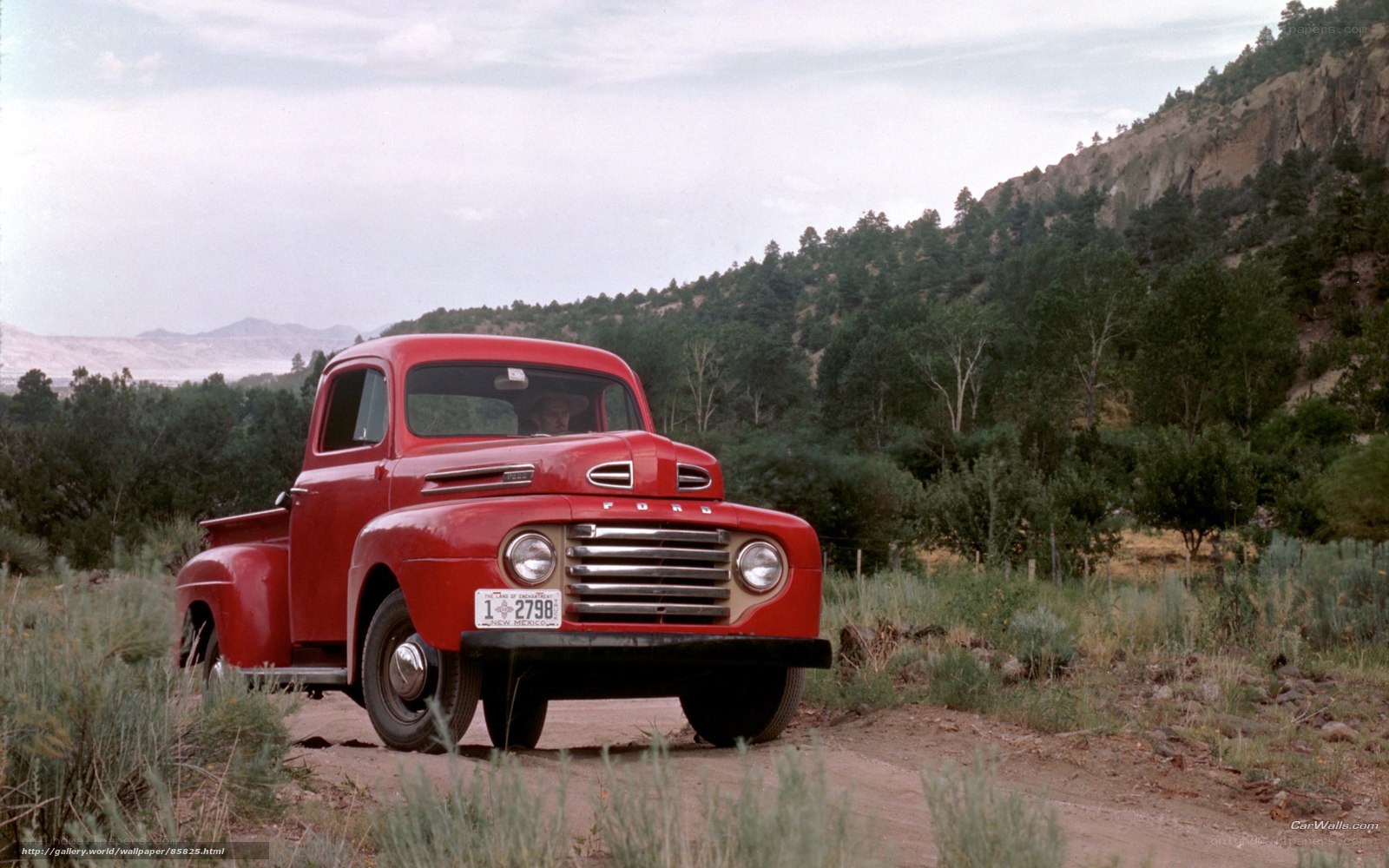 Red vintage Ford truck on dirt road