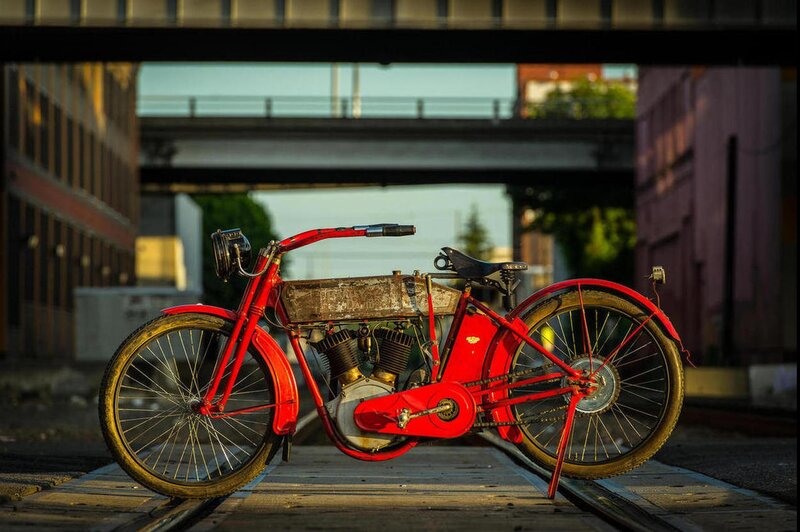 Red Vintage Motorcycle — Dramatic, Sunset