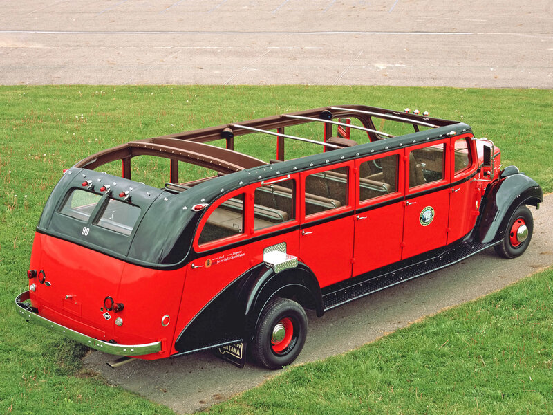 Red vintage open-top bus