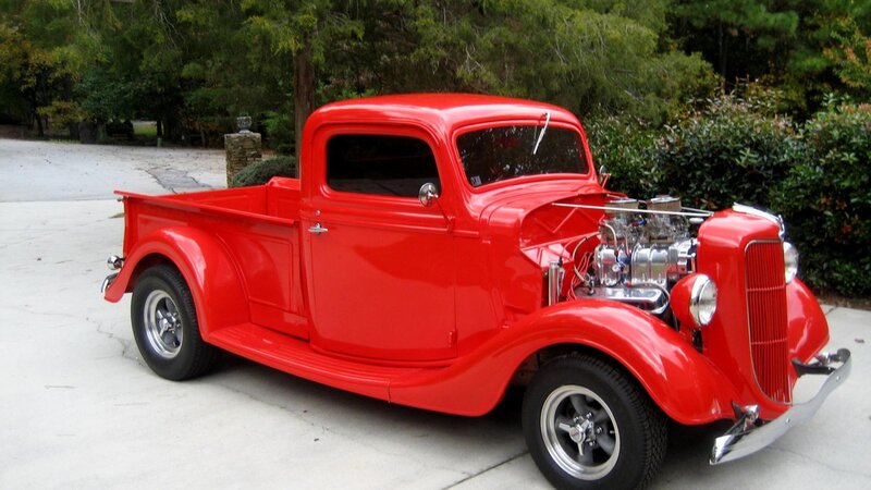 Red Vintage Pickup Truck — Calm, Afternoon, Photograph, Engine