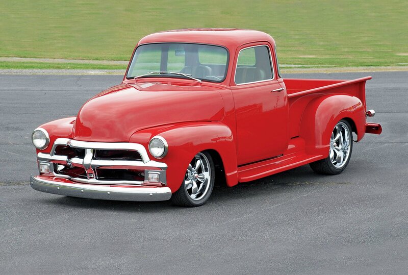 Red Vintage Pickup Truck — Calm, Afternoon, Photograph, Grass, Asphalt