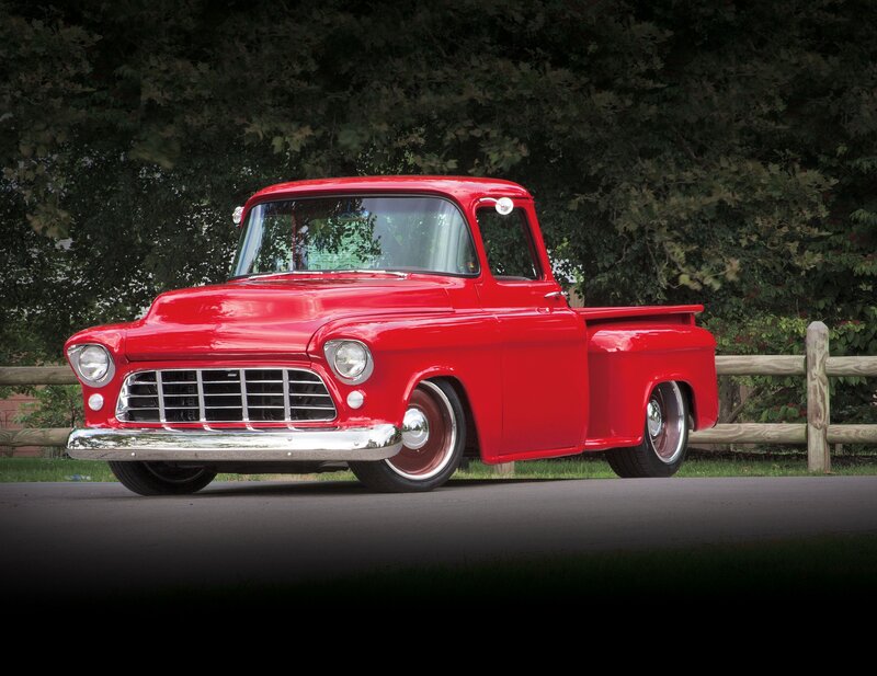 Red Vintage Pickup Truck — Calm, Afternoon, Photograph, Wooden Fence, Trees