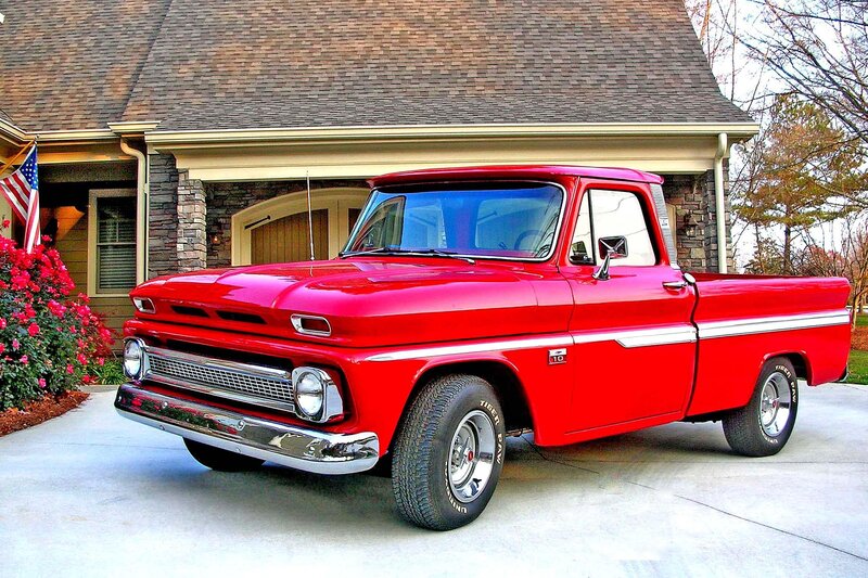 Red Vintage Pickup Truck — Calm, Autumn, Photograph, House
