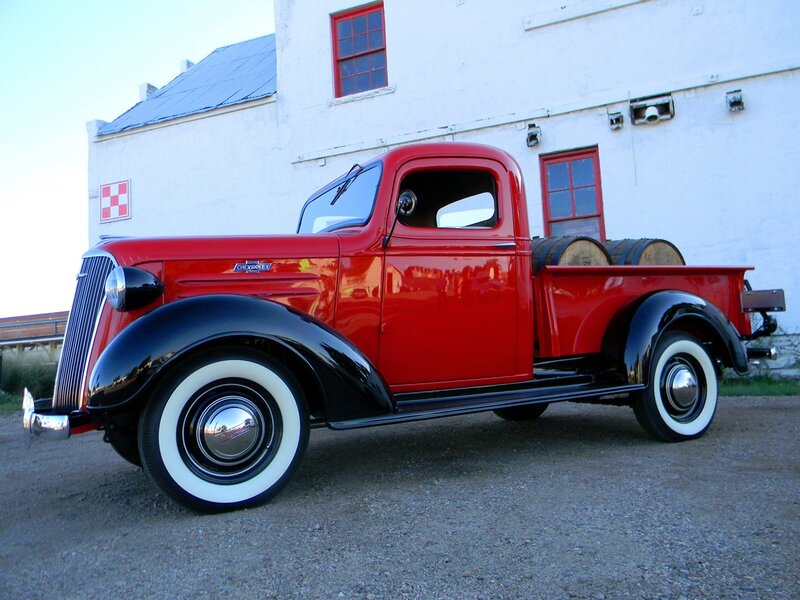 Red Vintage Pickup Truck — Calm, Sunset, Photograph