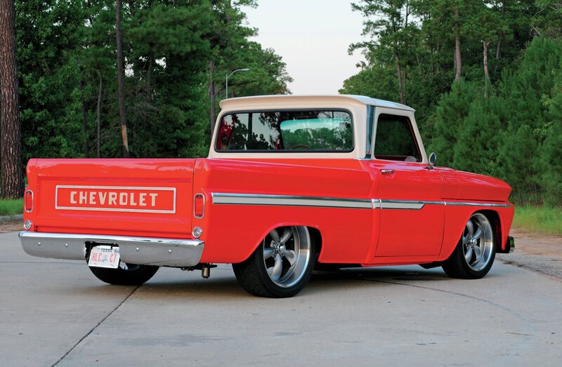 Red Vintage Pickup Truck — Calm, Sunset, Photograph, Trees