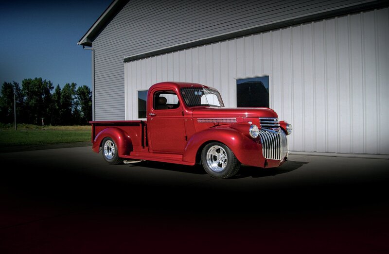Red Vintage Pickup Truck — Dramatic, Night, Photograph