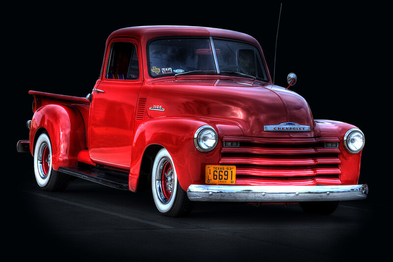 Red Vintage Pickup Truck — Dramatic, Photograph, Texas License Plate