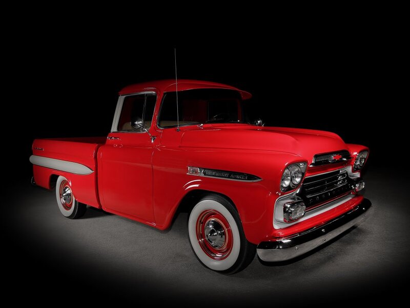 Red Vintage Pickup Truck — Dramatic, Photograph, White Wall Tires