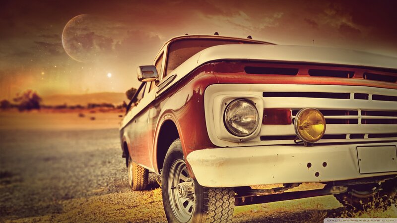 Red Vintage Pickup Truck — Dramatic, Sunset