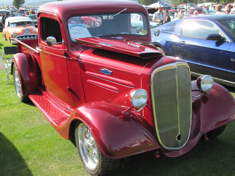 Red Vintage Pickup Truck — Outdoor, Afternoon, Photograph, Car Show, Grass, Other Cars