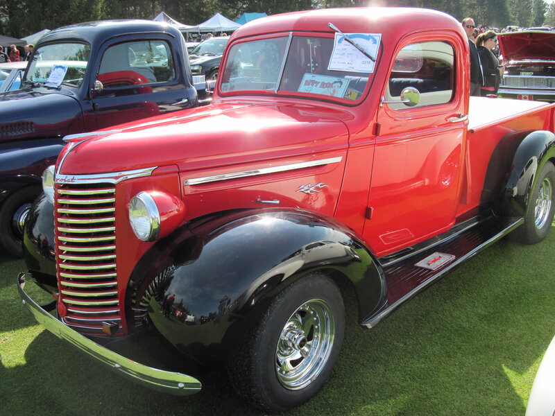 Red Vintage Pickup Truck — Outdoor, Afternoon, Photograph, Car Show, Grass