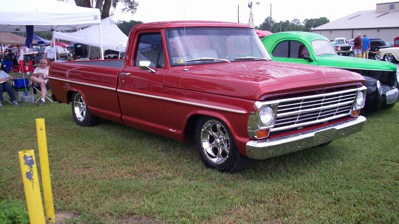 Red Vintage Pickup Truck — Outdoor, Afternoon, Photograph, Green Car