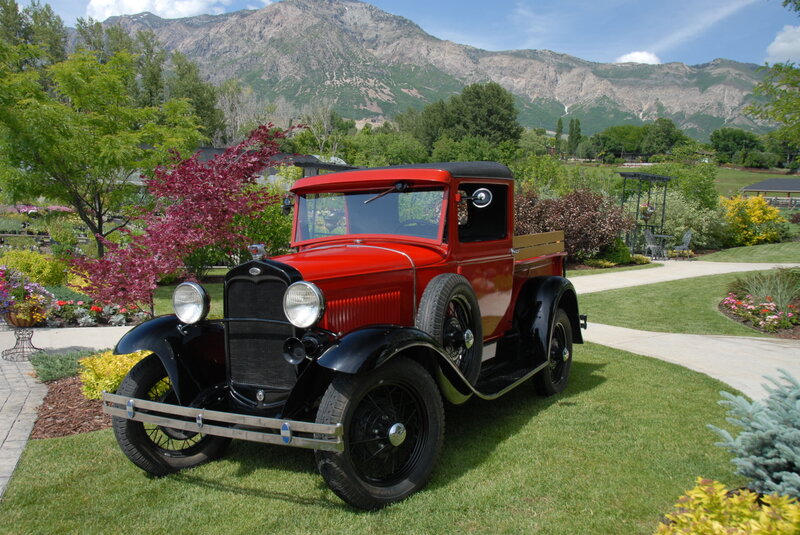 Red Vintage Pickup Truck — Serene, Afternoon, Photograph, Mountains