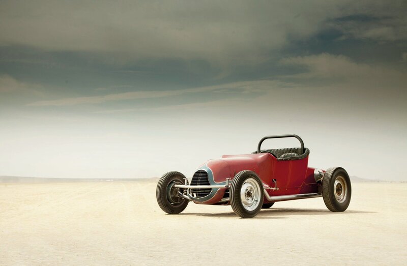 Red Vintage Race Car — Dramatic, Photograph, Desert
