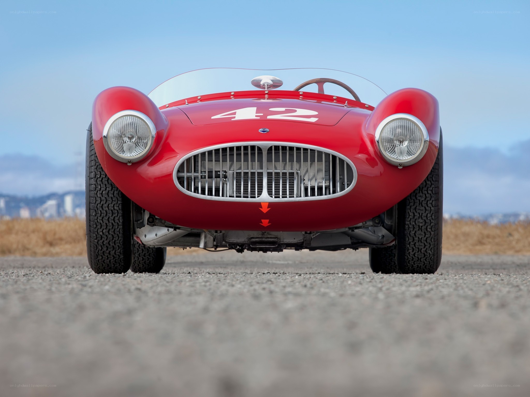 Red vintage race car front view
