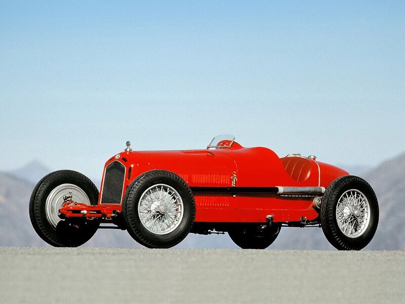 Red Vintage Race Car — Serene, Afternoon, Photograph, Mountains, Sky