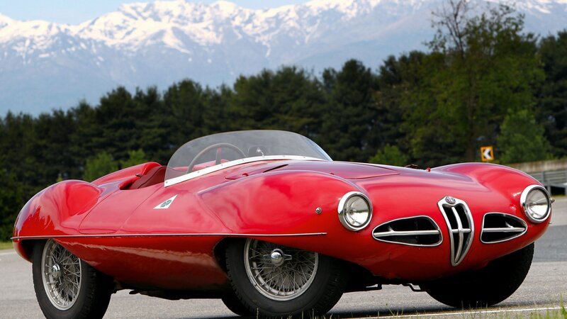 Red Vintage Race Car — Serene, Afternoon, Photograph, Mountains