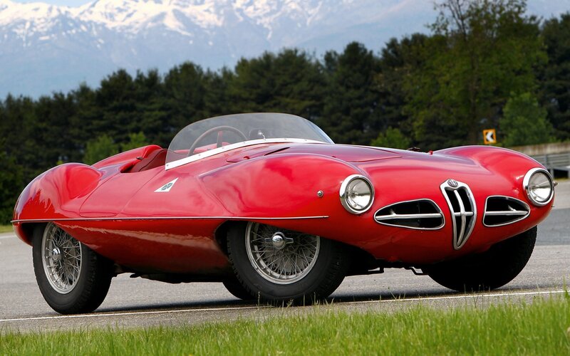 Red Vintage Race Car — Serene, Afternoon, Photograph, Mountains, Trees