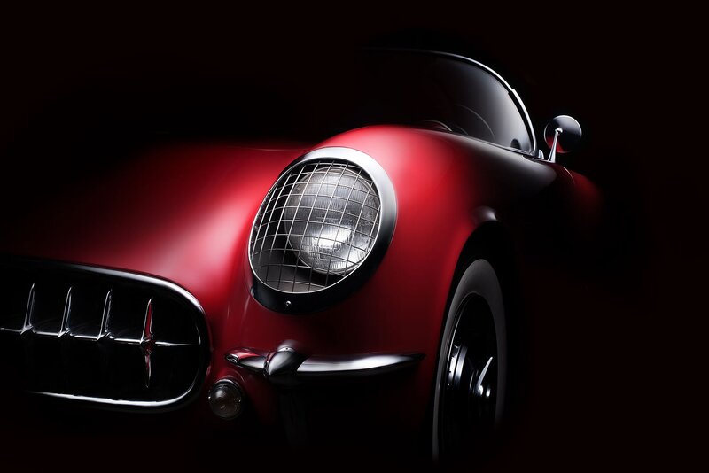 Red Vintage Sports Car — Dramatic, Photograph, Headlight
