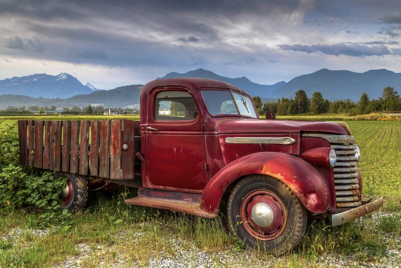 Red Vintage Truck — Dramatic, Afternoon