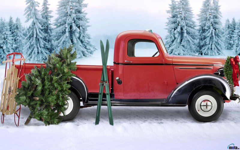 Red Vintage Truck in Snow