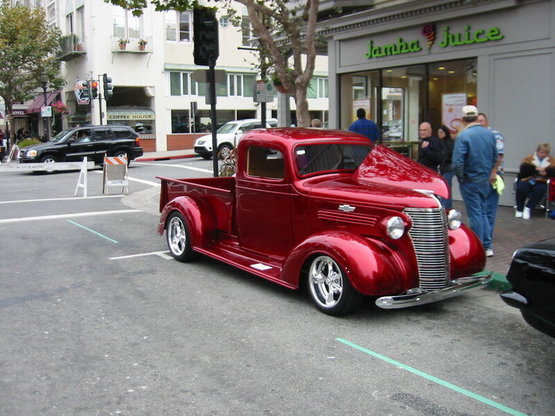 Red vintage truck on city street