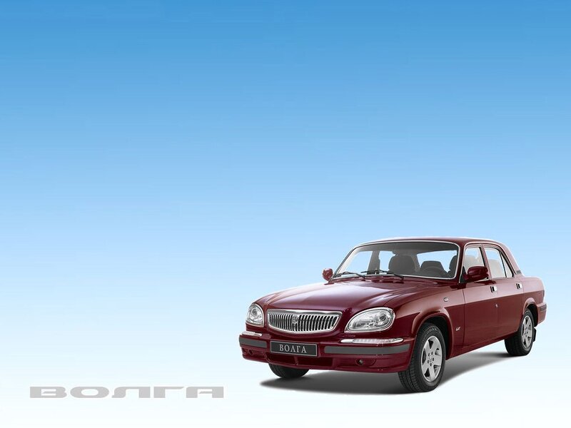 Red Volga car on blue background