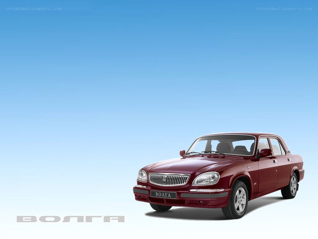 Red Volga car on blue background