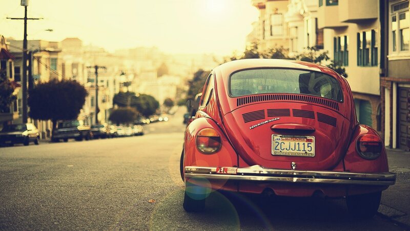 Red Volkswagen Beetle — Calm, Sunset, Photograph