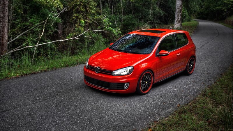 Red Volkswagen Golf — Dramatic, Photograph, Car, Road, Trees