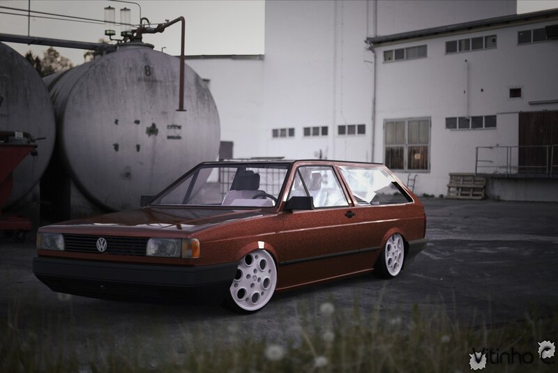 Red Volkswagen Golf parked in industrial area