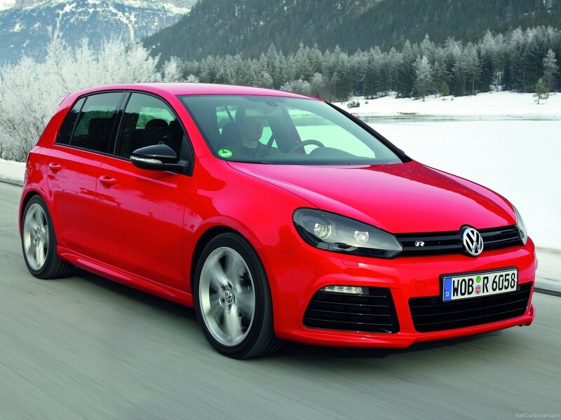 Red Volkswagen Golf R in winter
