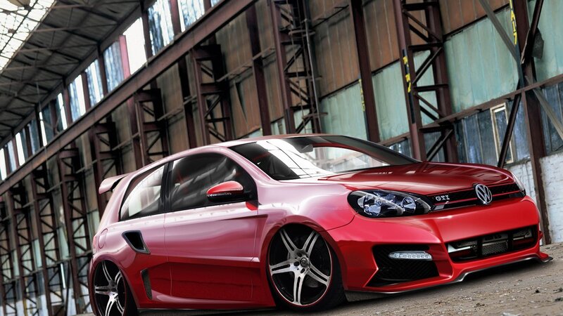 Red Volkswagen GTI in industrial setting