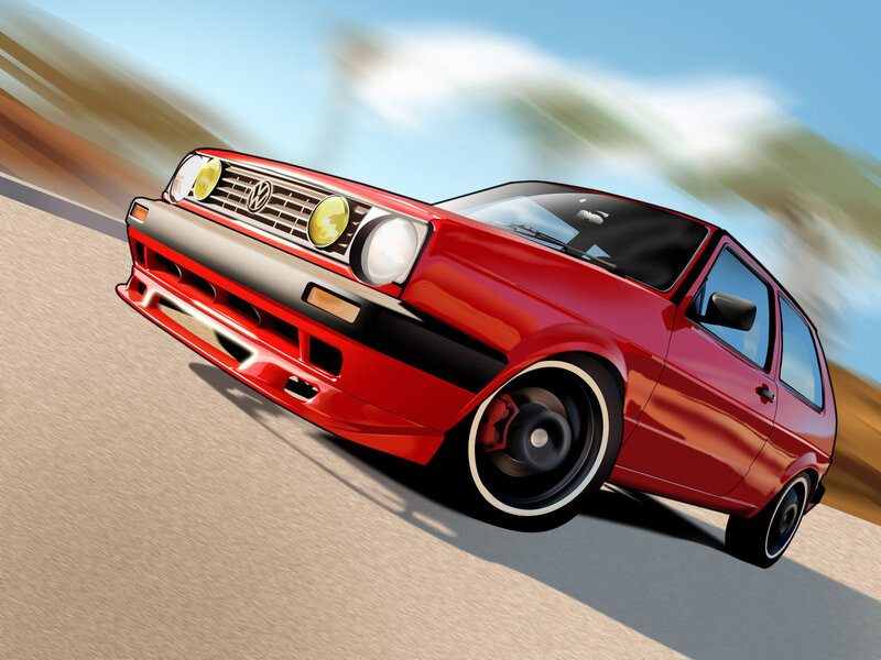 Red Volkswagen GTI in motion