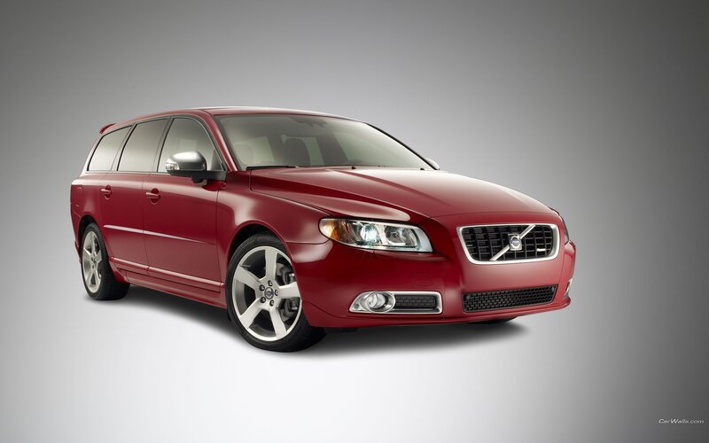 Red Volvo V70 station wagon