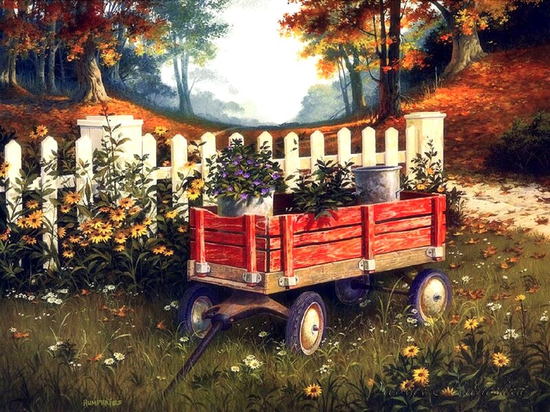 Red Wagon in Garden