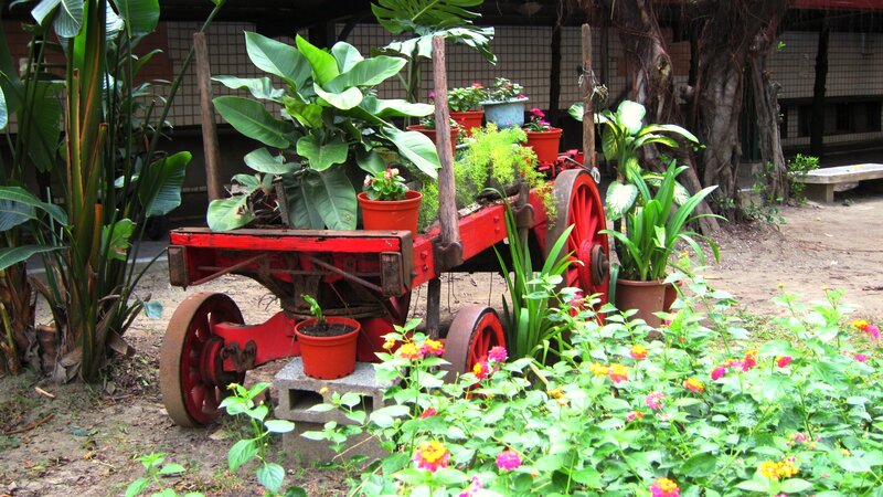 Red Wagon with Plants — Serene