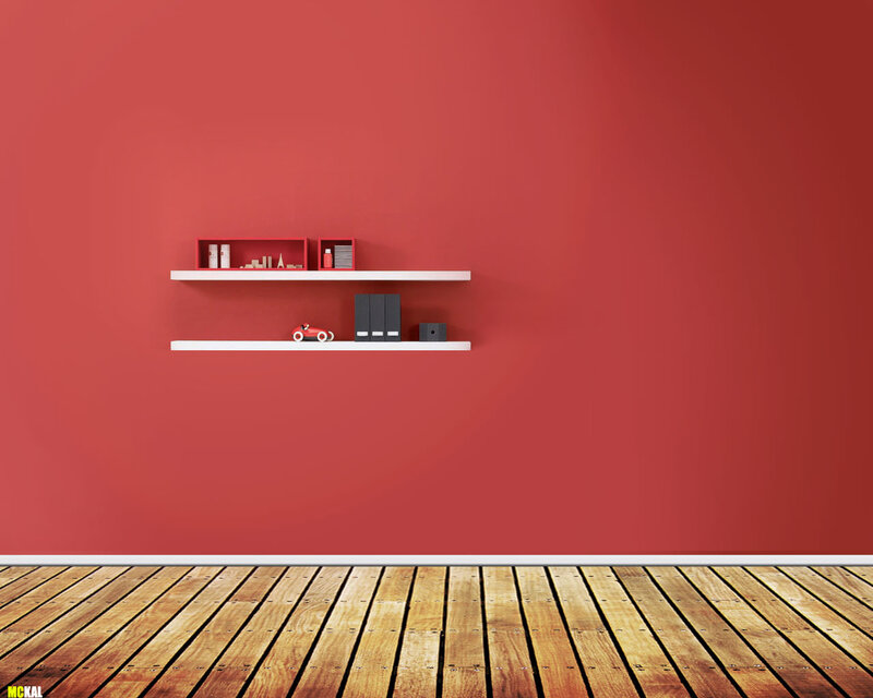 Red wall with shelves
