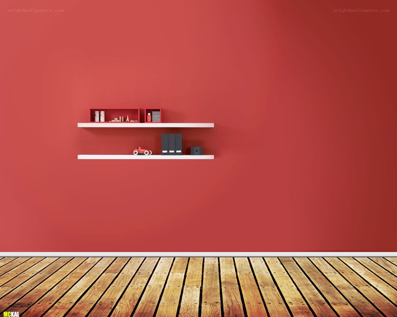Red wall with shelves