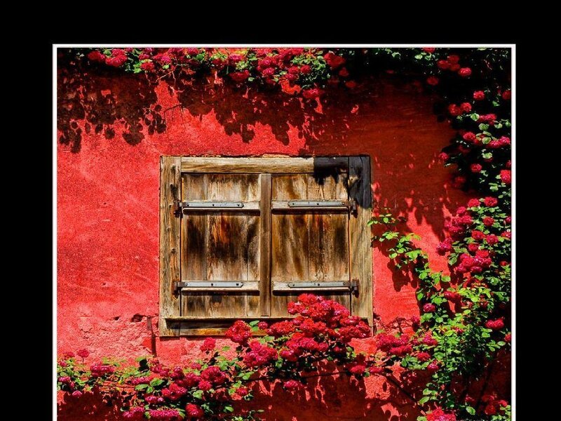 Red wall with wooden shutters