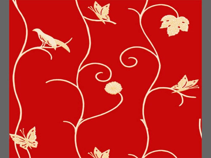 red wallpaper with birds and butterflies
